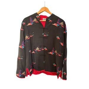 Chicos Japanese Asian Inspired Silk Blend Black Button Up Jacket size 1